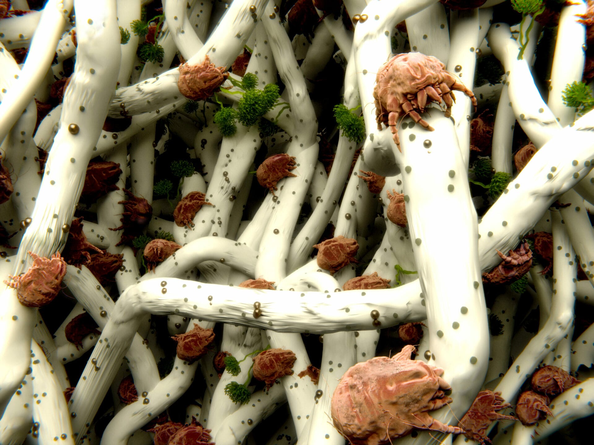 Dust mites feed on moulds (green) and organic detritus. Their feces (greenish spots) induce allergenic reactions. The glossy brown spheres are their eggs.